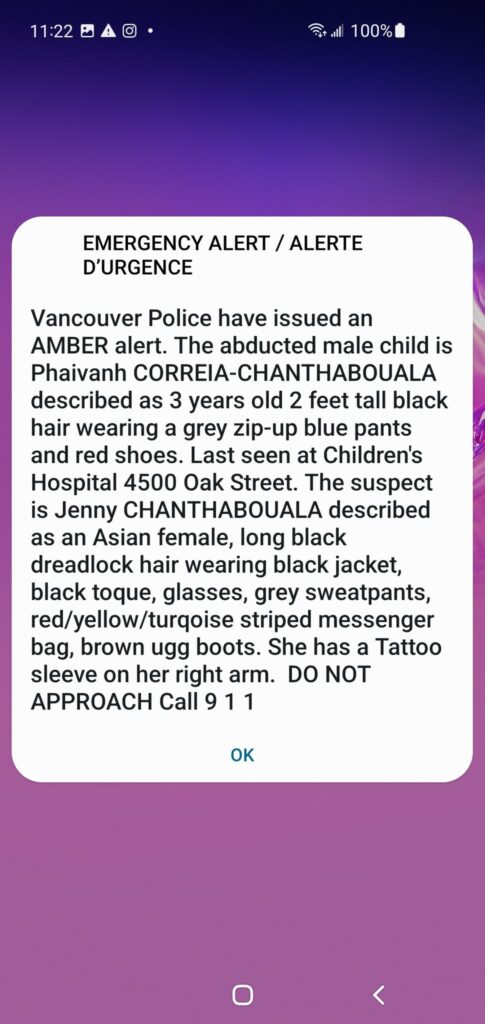 Amber Alert: Female suspect and missing 3-year-old kid last spotted in Vancouver